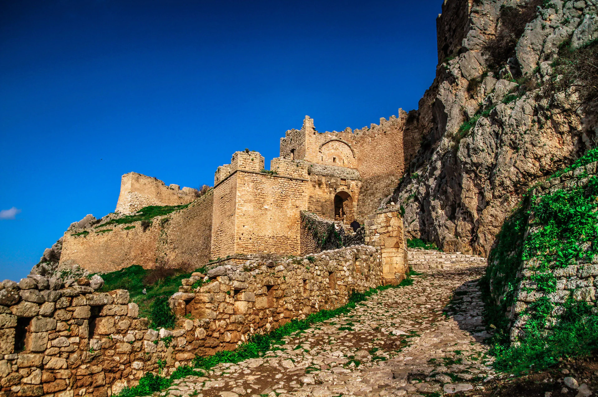 Acrocorinth fortress atop a hill in Corinth, Greece