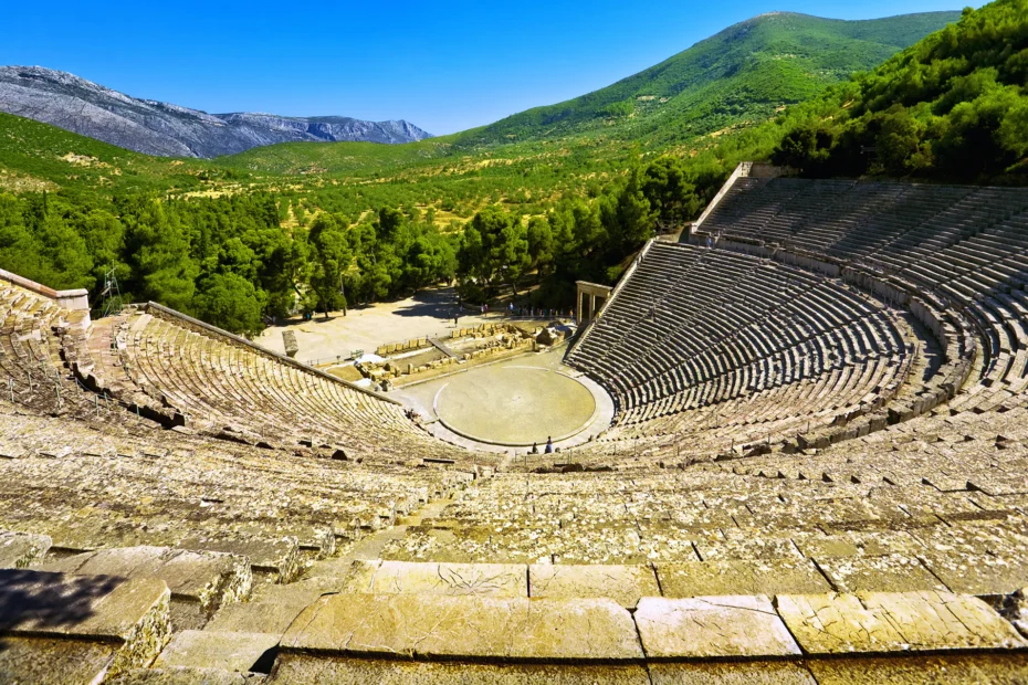 Wide view of the Theater of Ancient Epidaurus surrounded by hills.