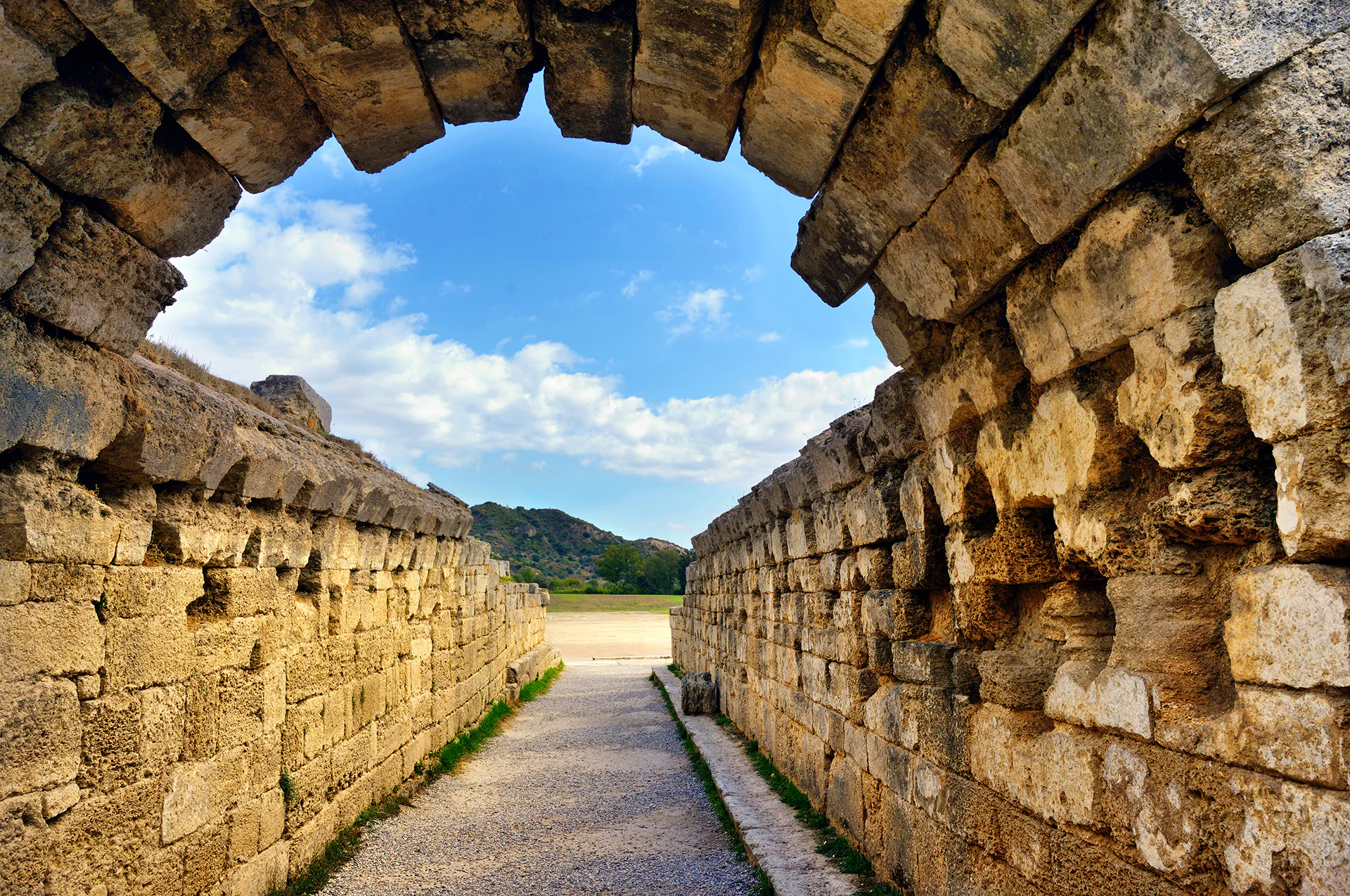 Ancient stadium and starting line at Olympia, Greece