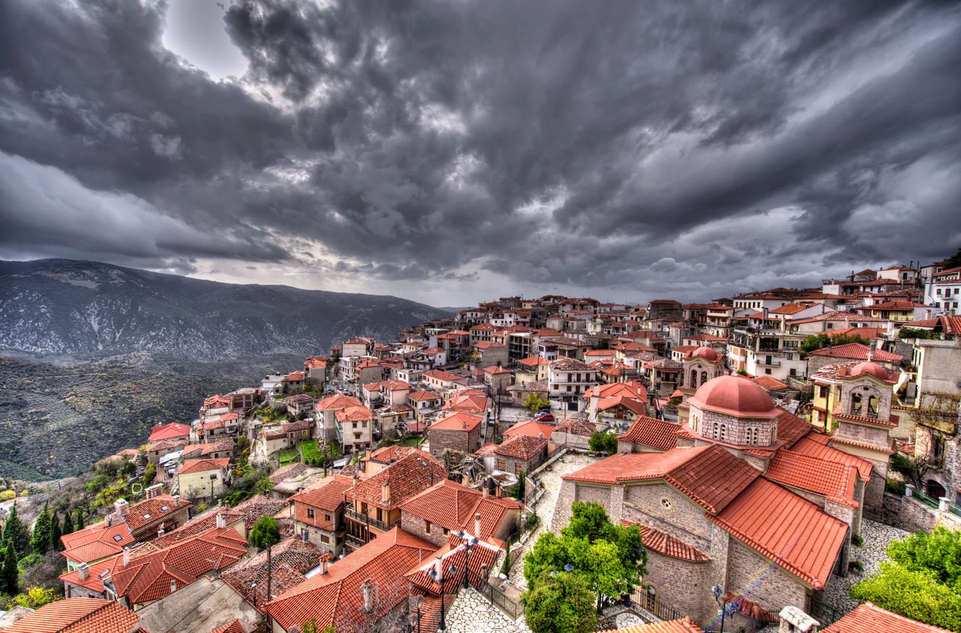 Panoramic view of Arachova village on Mount Parnassus.
