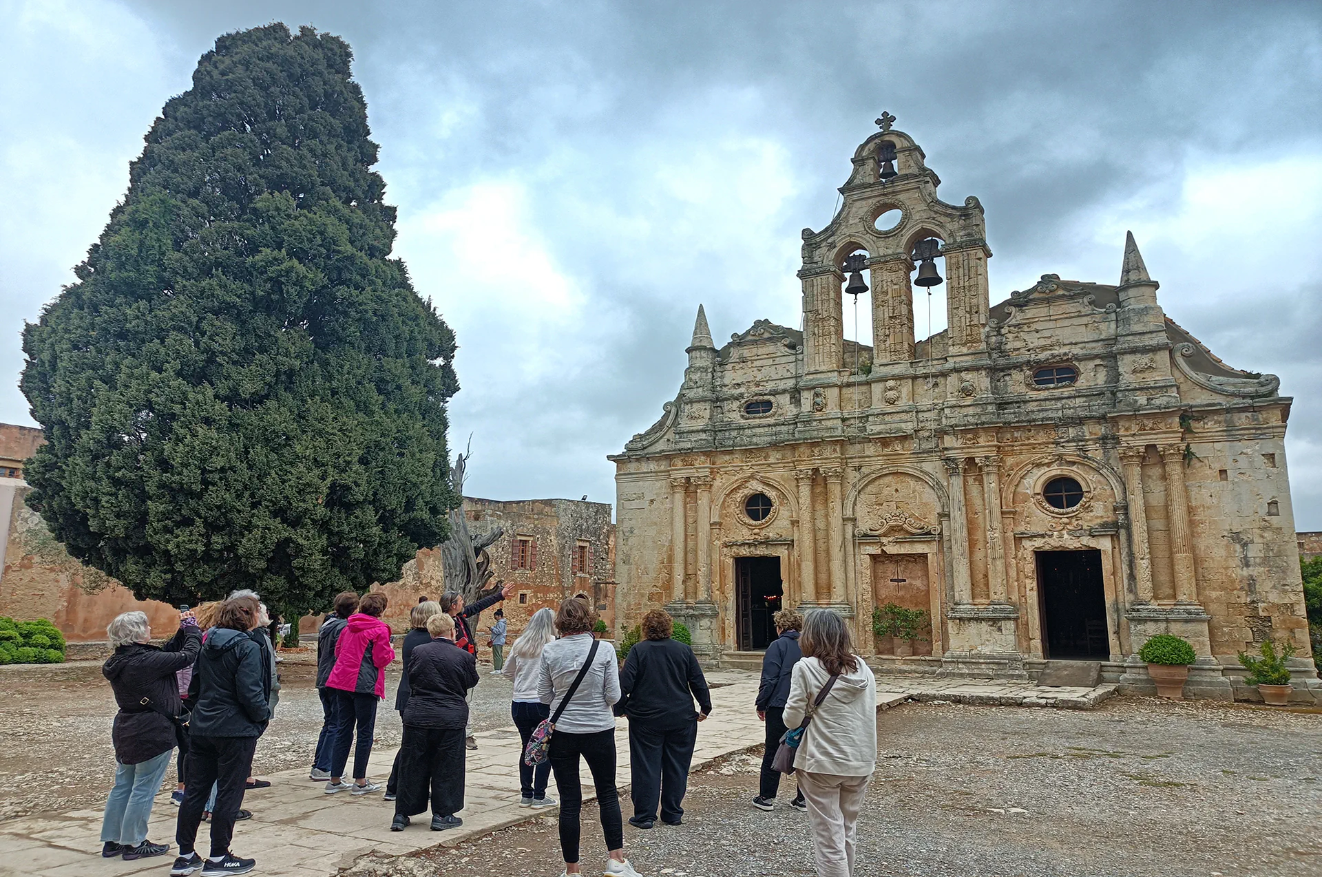 Front view of the 16th-century Venetian-style church at Arkadi Monastery.