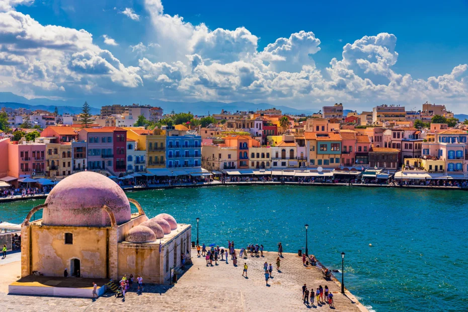 Panoramic view of Chania Port in Crete, Greece