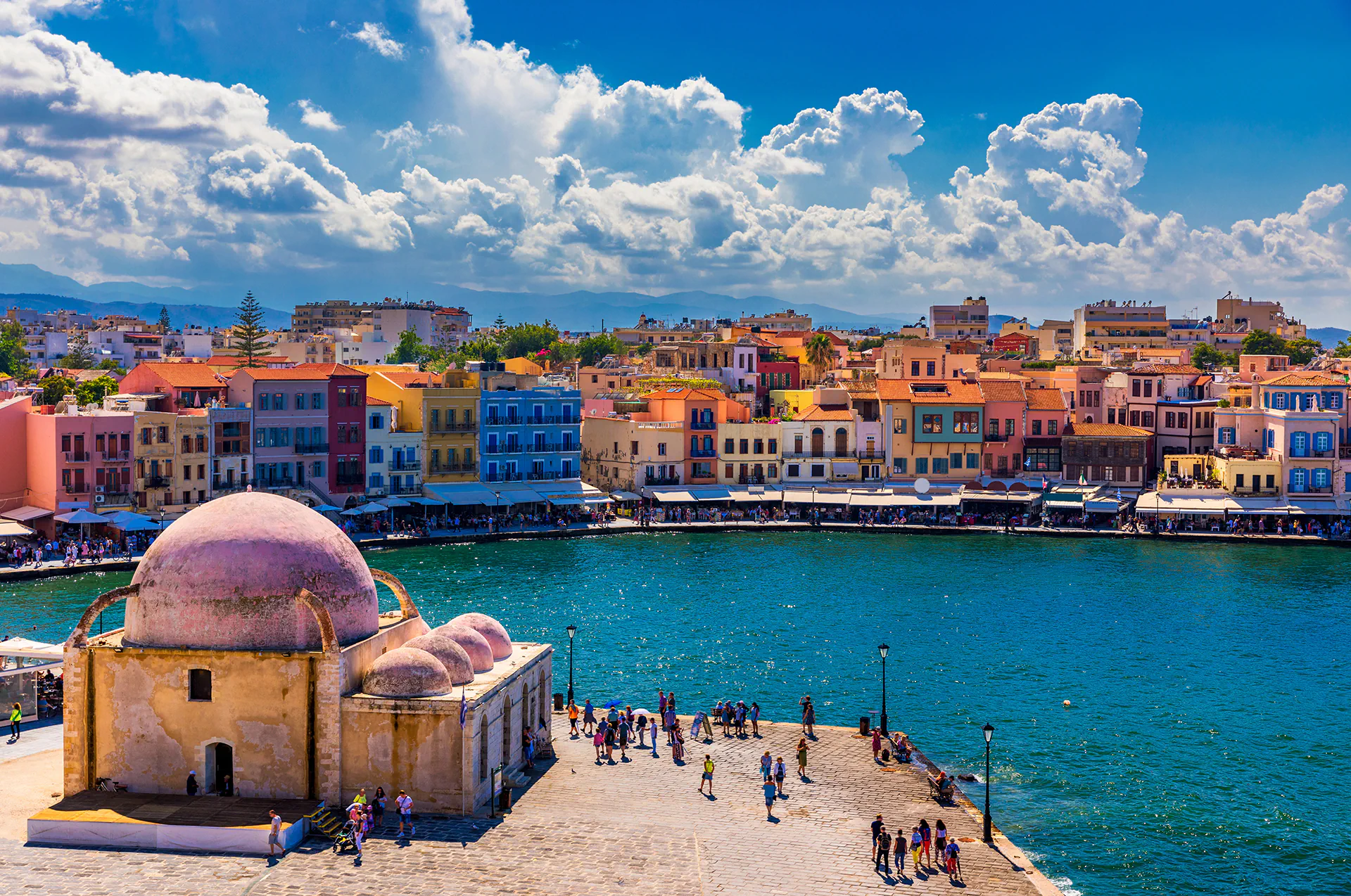 Panoramic view of Chania Port in Crete, Greece