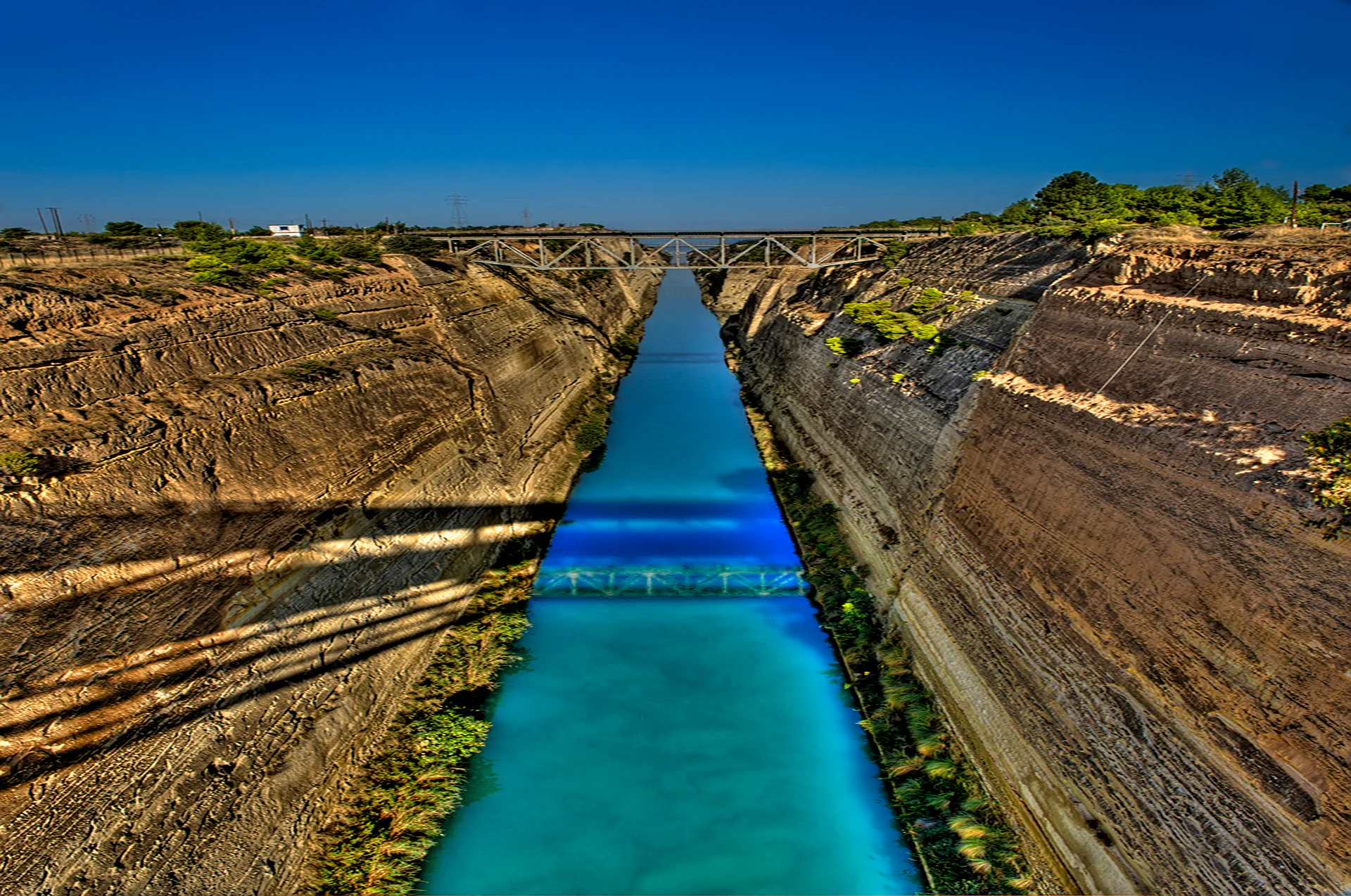Looking down at the Corinth Canal from the pedestrian bridge.