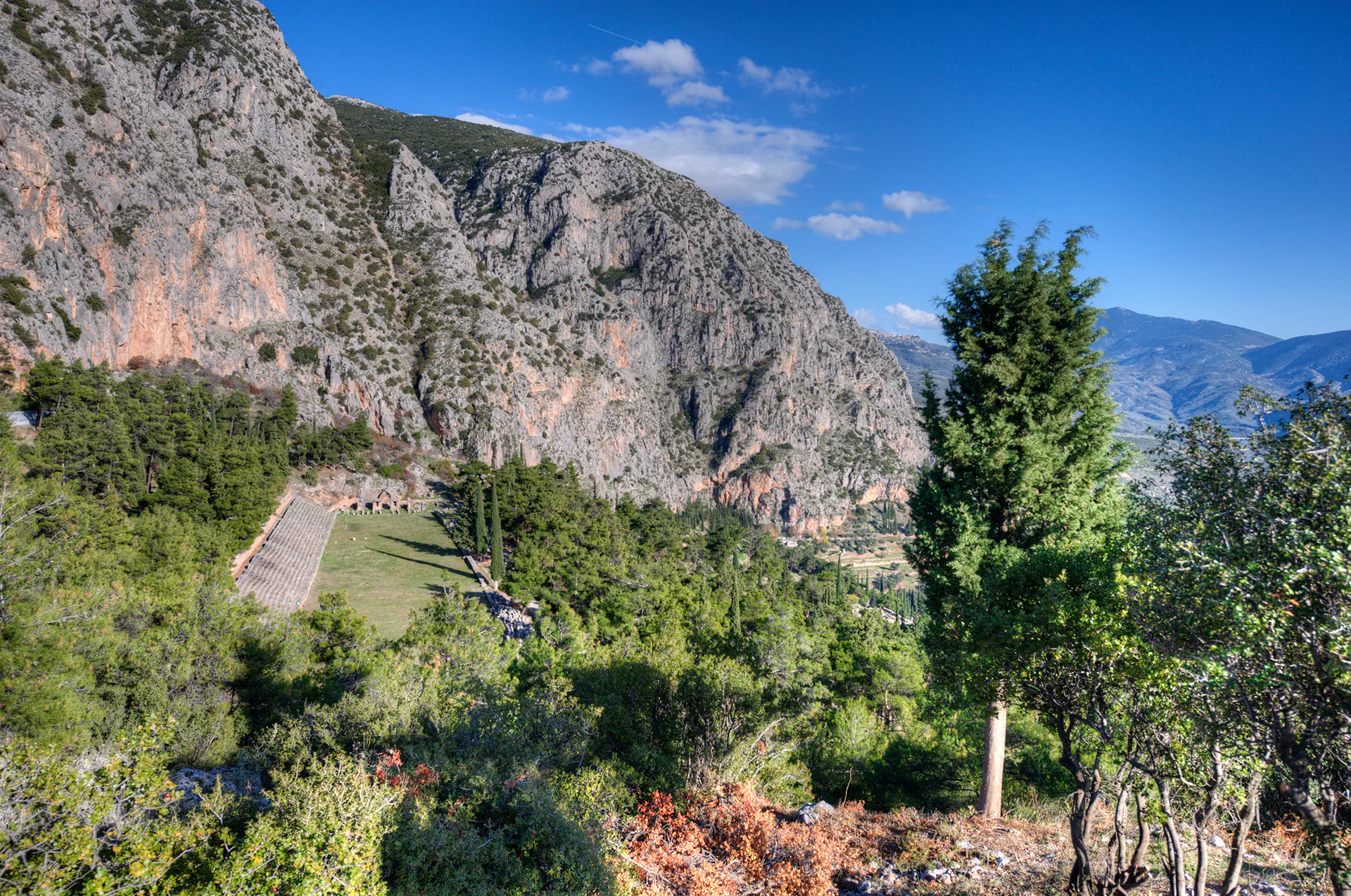 Overhead view of Delphi archaeological site from a drone.