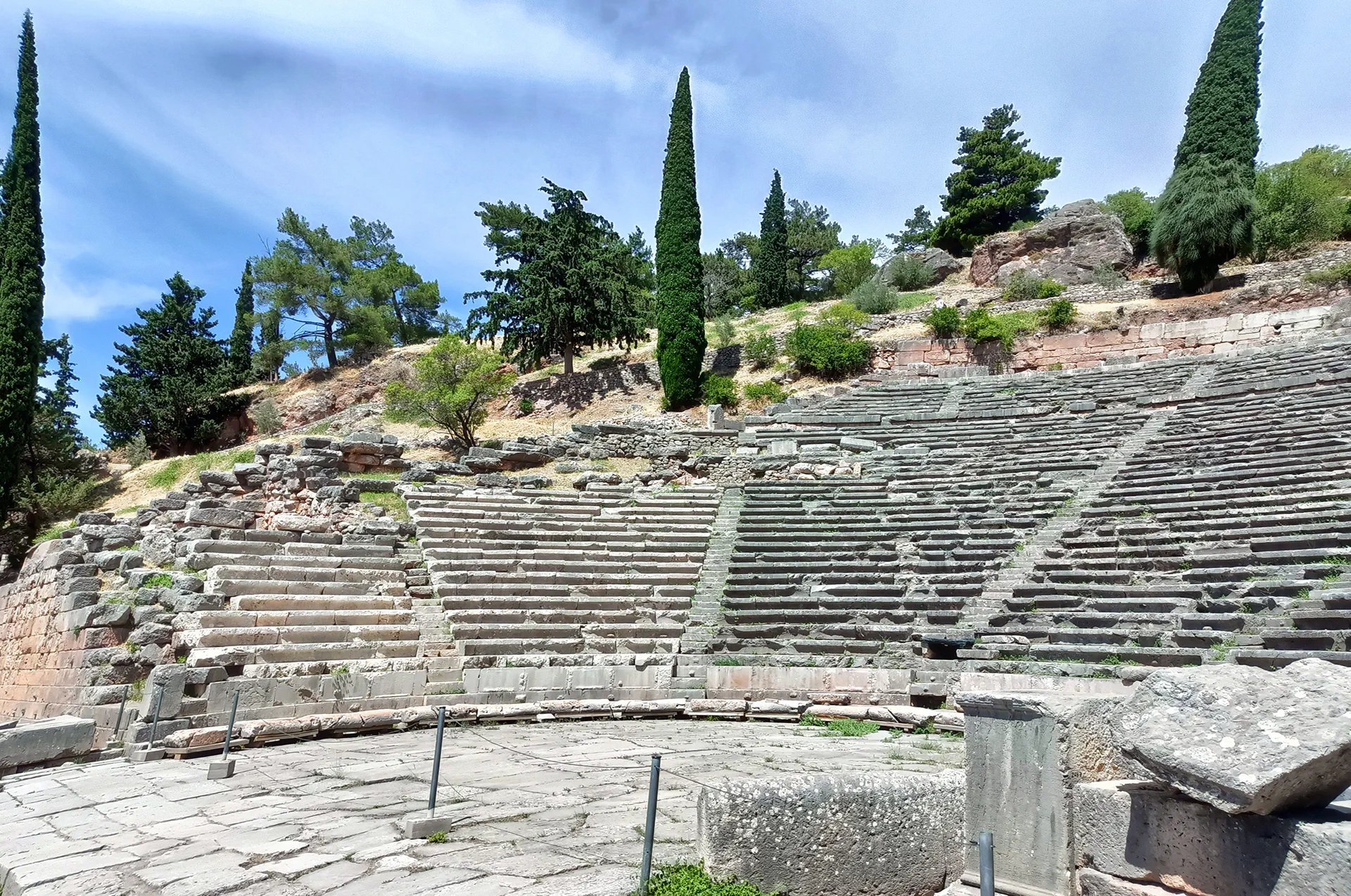 View of Delphi’s ancient theater above the temple grounds.
