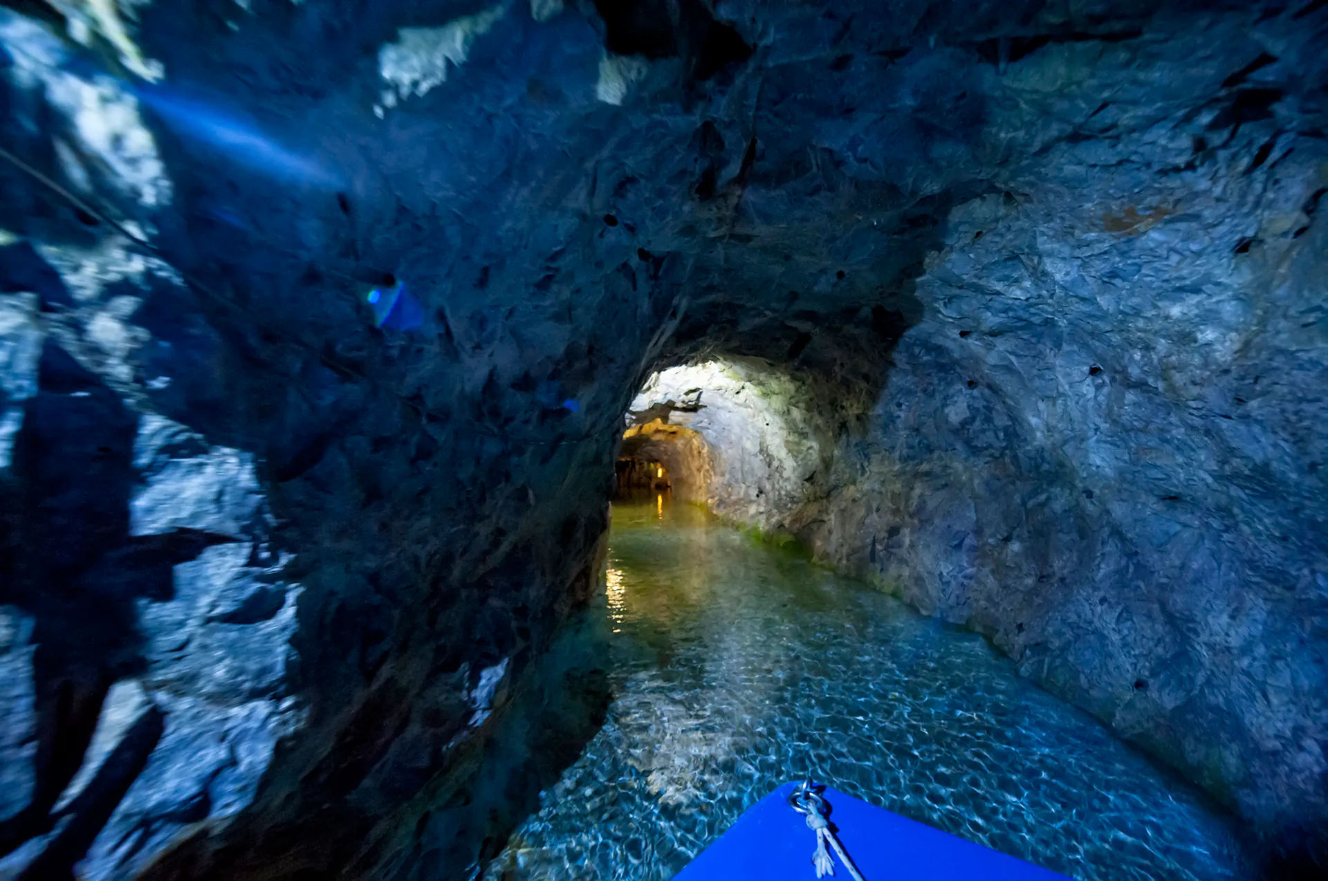 Inside the limestone caves of Diros, Greece.