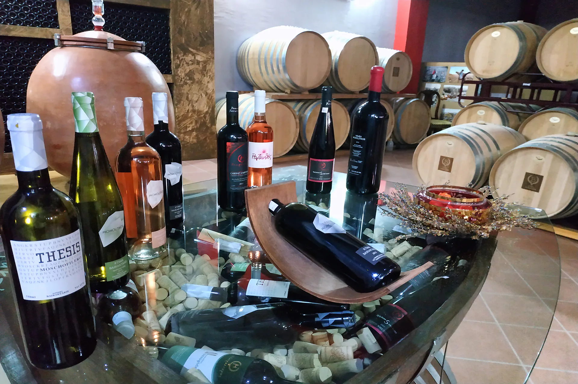Domaine Bairaktaris wine bottles displayed for tasting