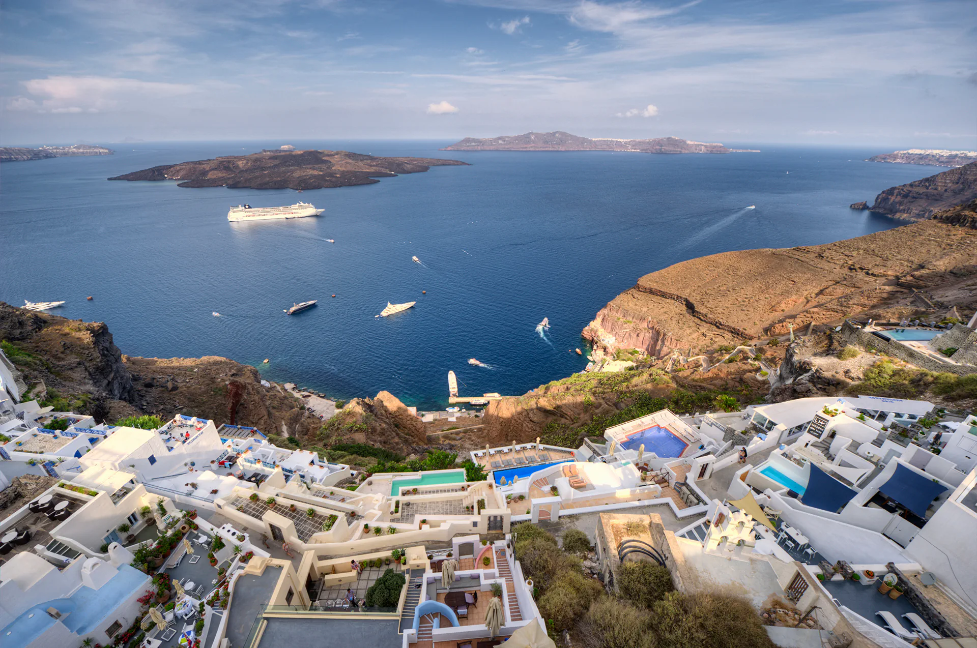 Panoramic view of Fira overlooking the caldera in Santorini.