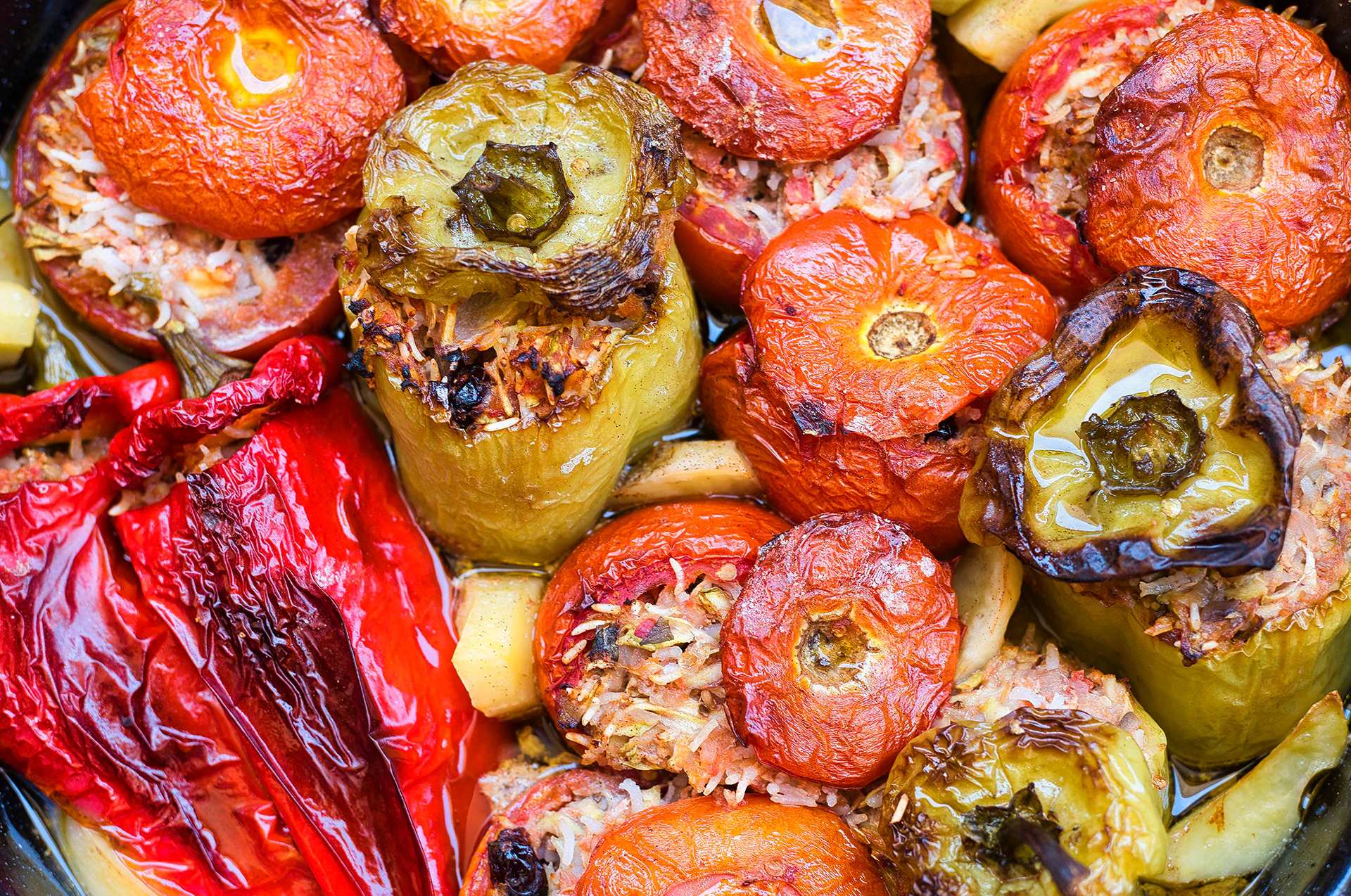 Fresh tomatoes hollowed and filled with savory rice and herb mixture