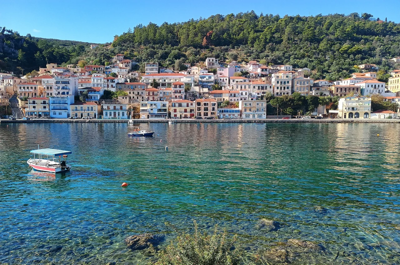 Gytheio’s Harborfront and Colorful Hillside Homes View of Gytheio town and harbor from the sea.