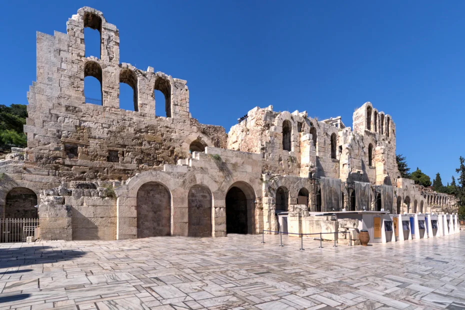 Stone arches and columns at the entrance to the Herodion Theatre in Athens.