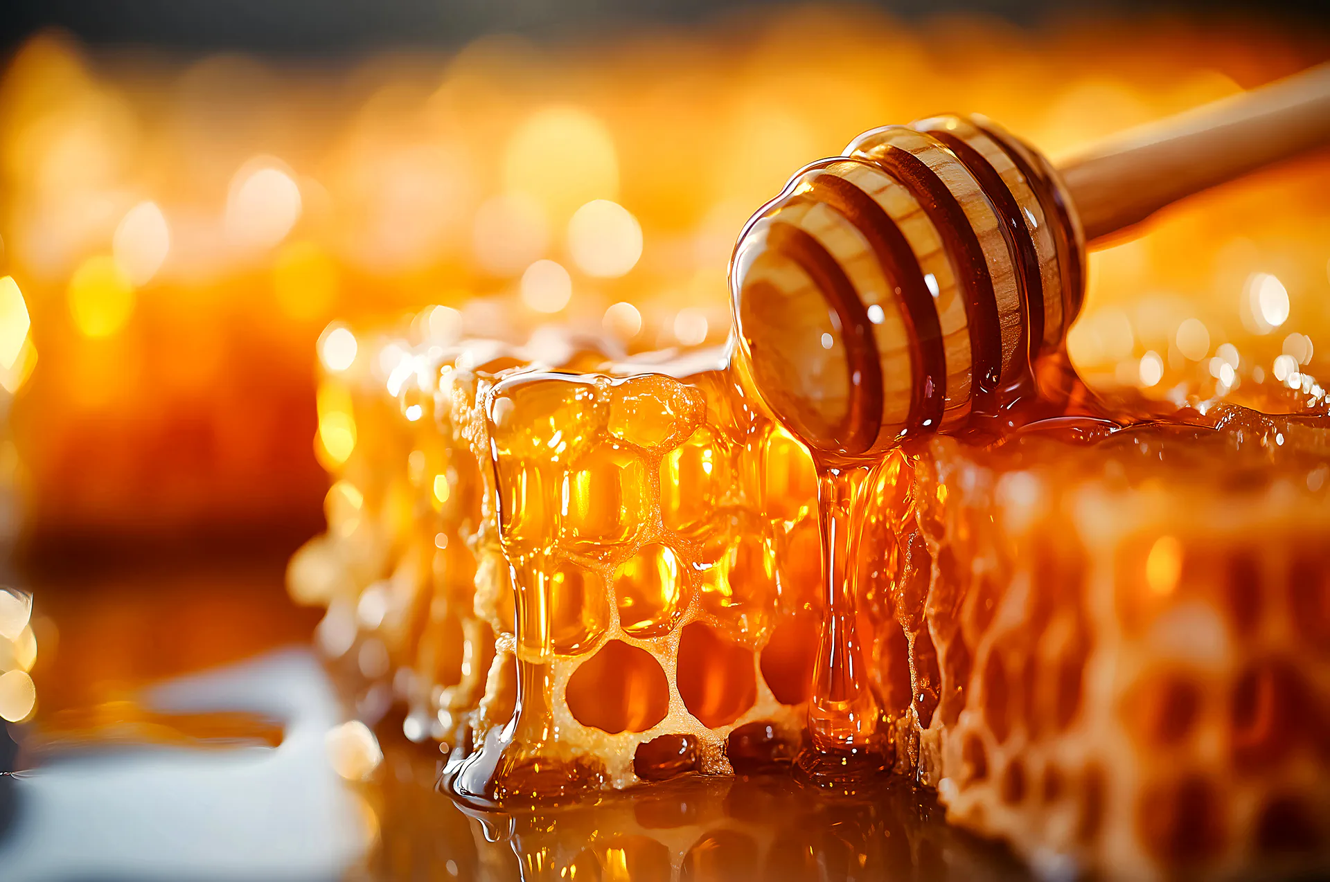 Close-up of golden honey dripping from a wooden dipper during honey tasting