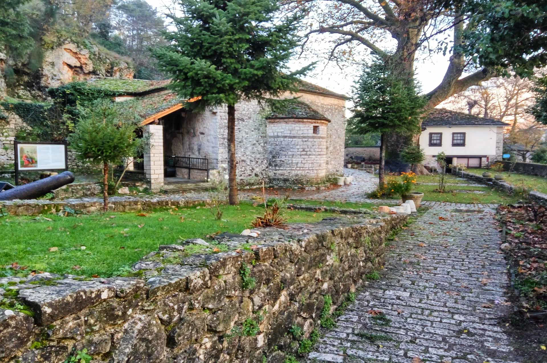 Scenic view of Ioannina Island surrounded by Lake Pamvotida with traditional stone houses