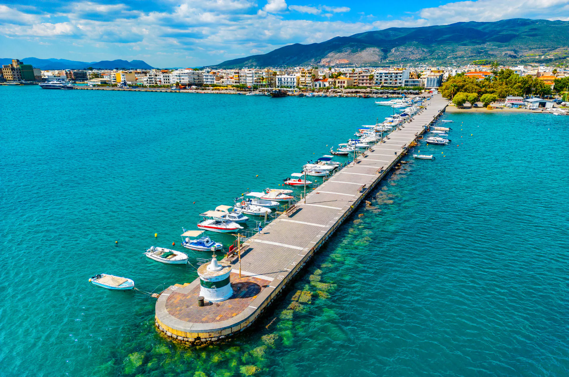 Aerial view of Kalamata seafront and Mediterranean coastline