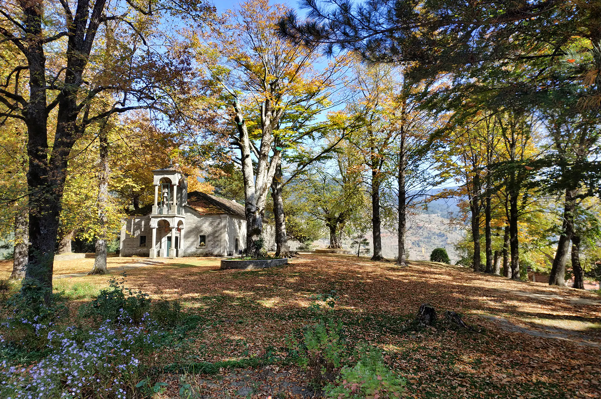 Metsovo’s monastery surrounded by autumn foliage.