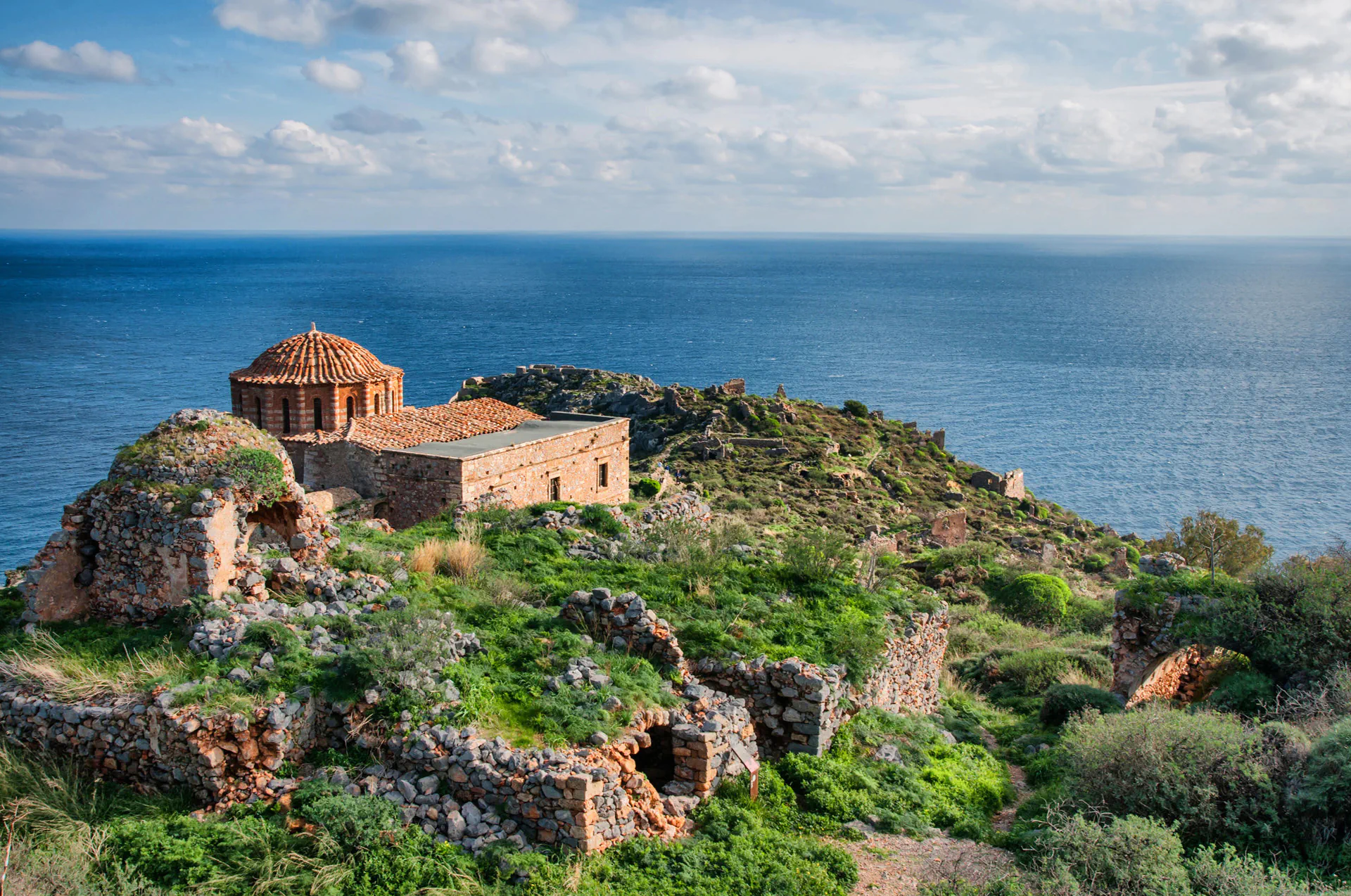 Exterior view of Agia Sofia Church in Monemvasia, Greece