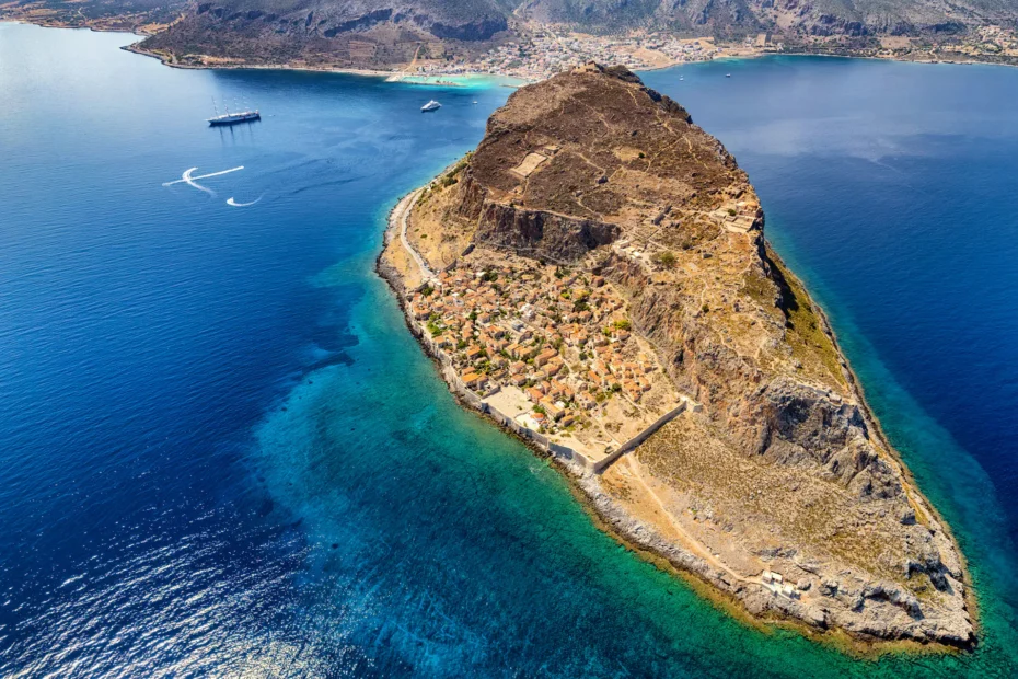 Aerial view of Monemvasia island and medieval town in Greece