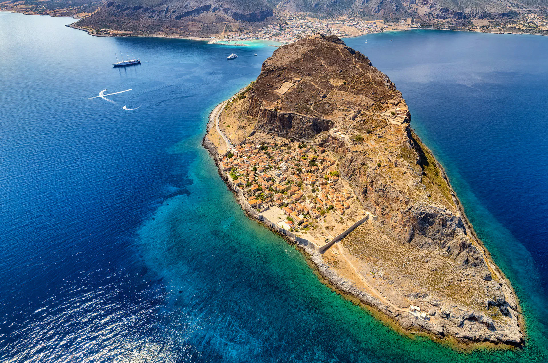 Aerial view of Monemvasia island and medieval town in Greece