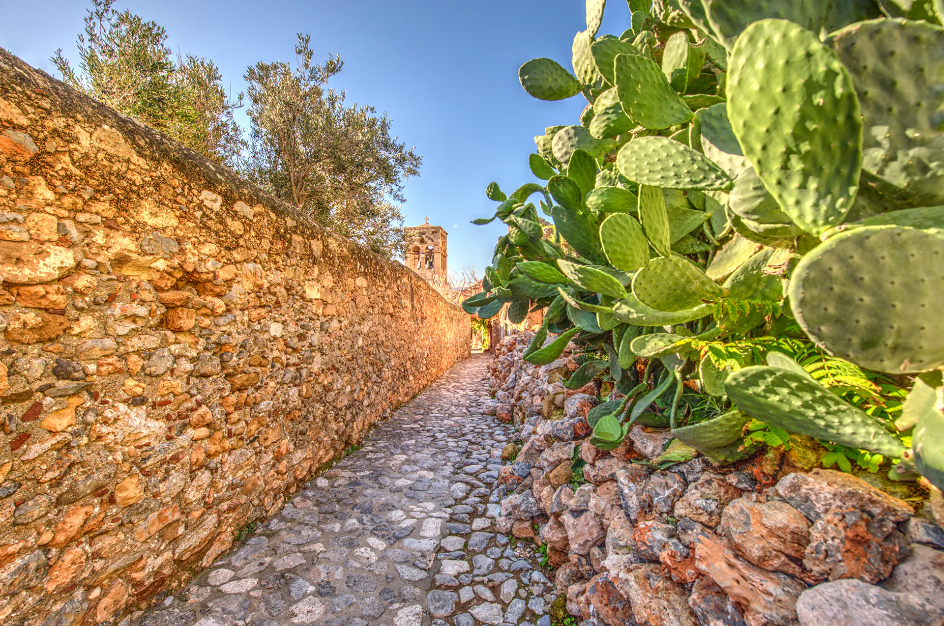 Stone alleyway in the medieval town of Monemvasia.