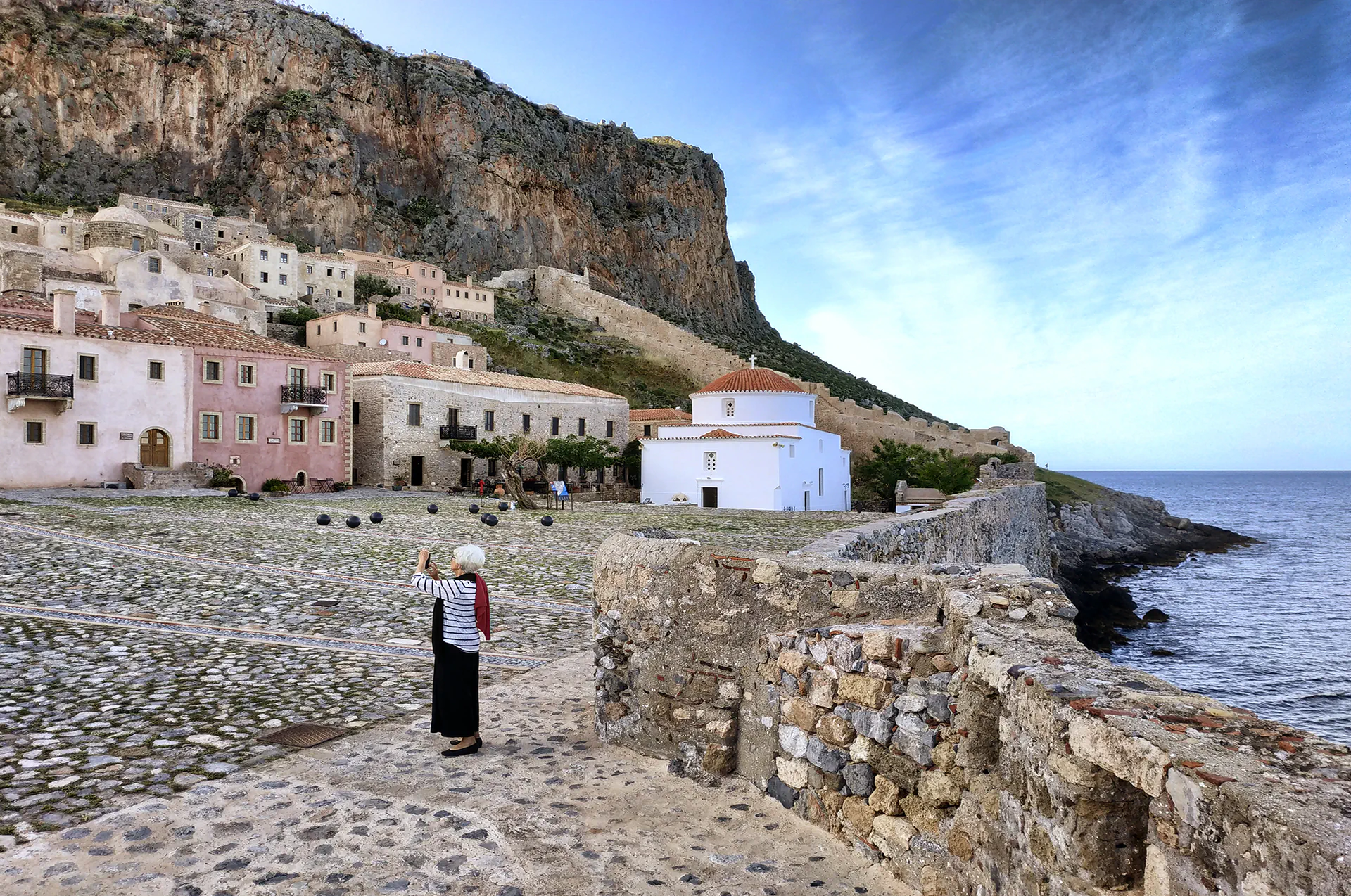 View of Monemvasia’s cliffside homes from the sea.
