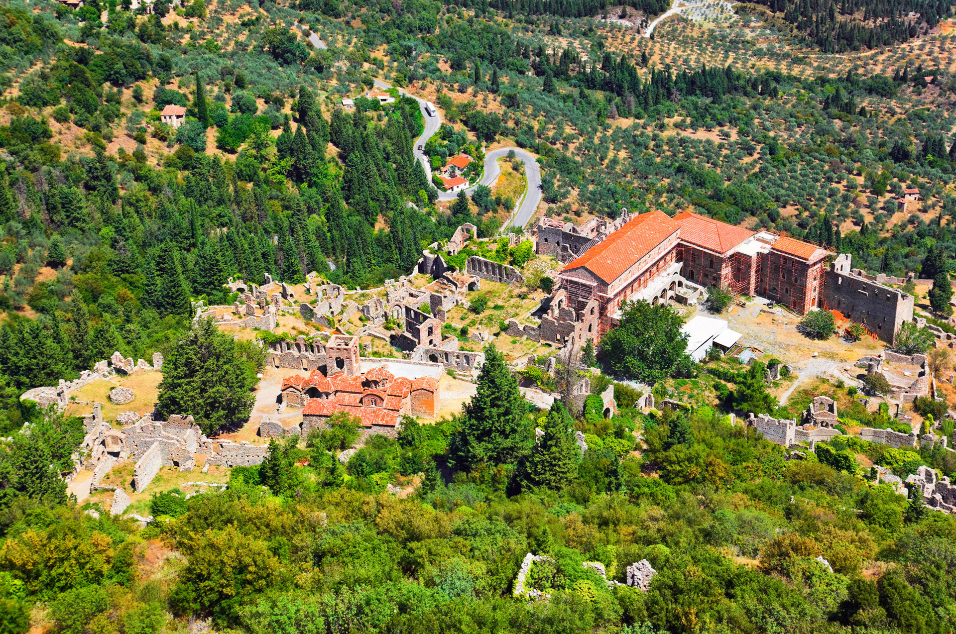 Aerial view of Mystras medieval town and Byzantine ruins