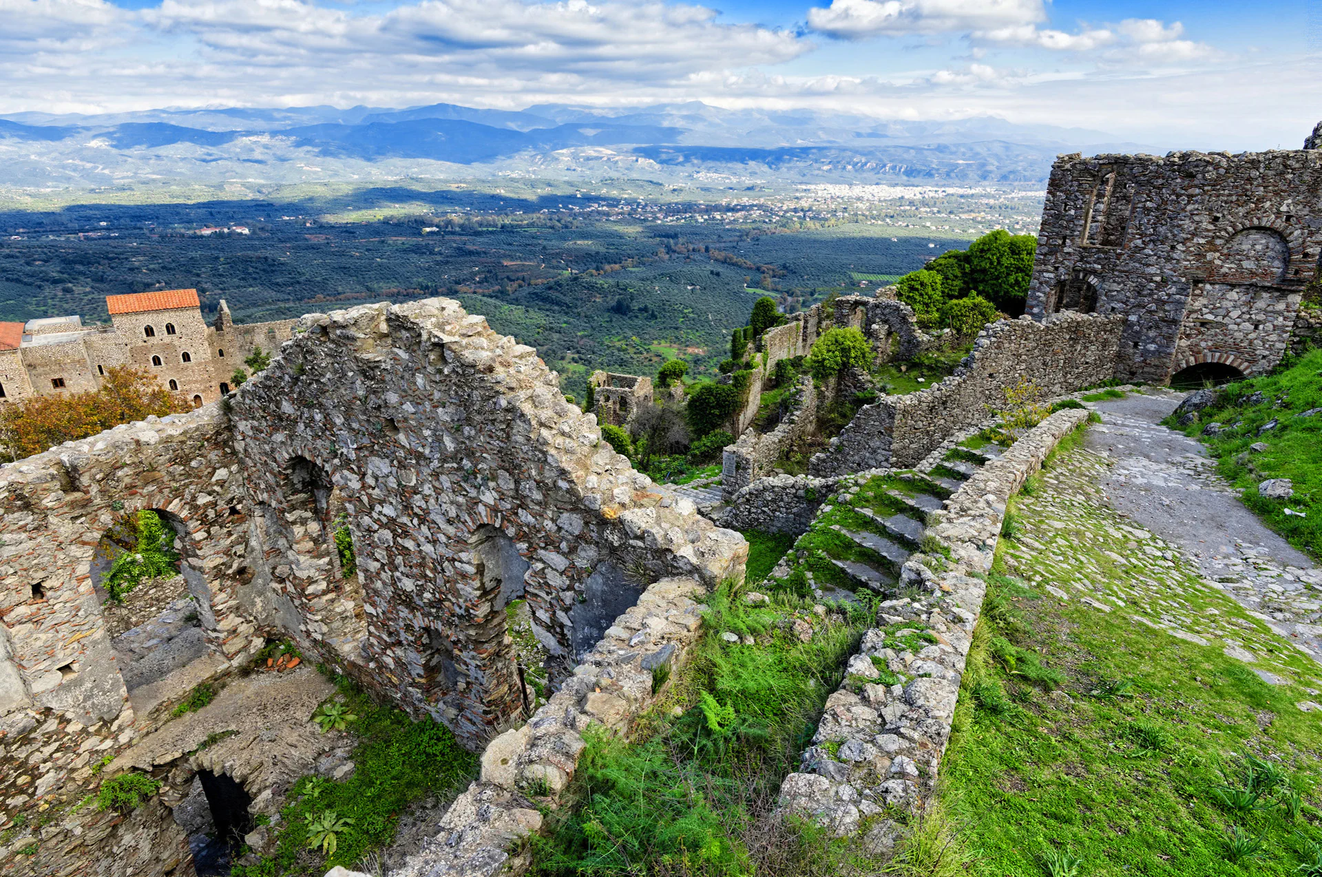 Byzantine ruins and stone buildings in Mystras