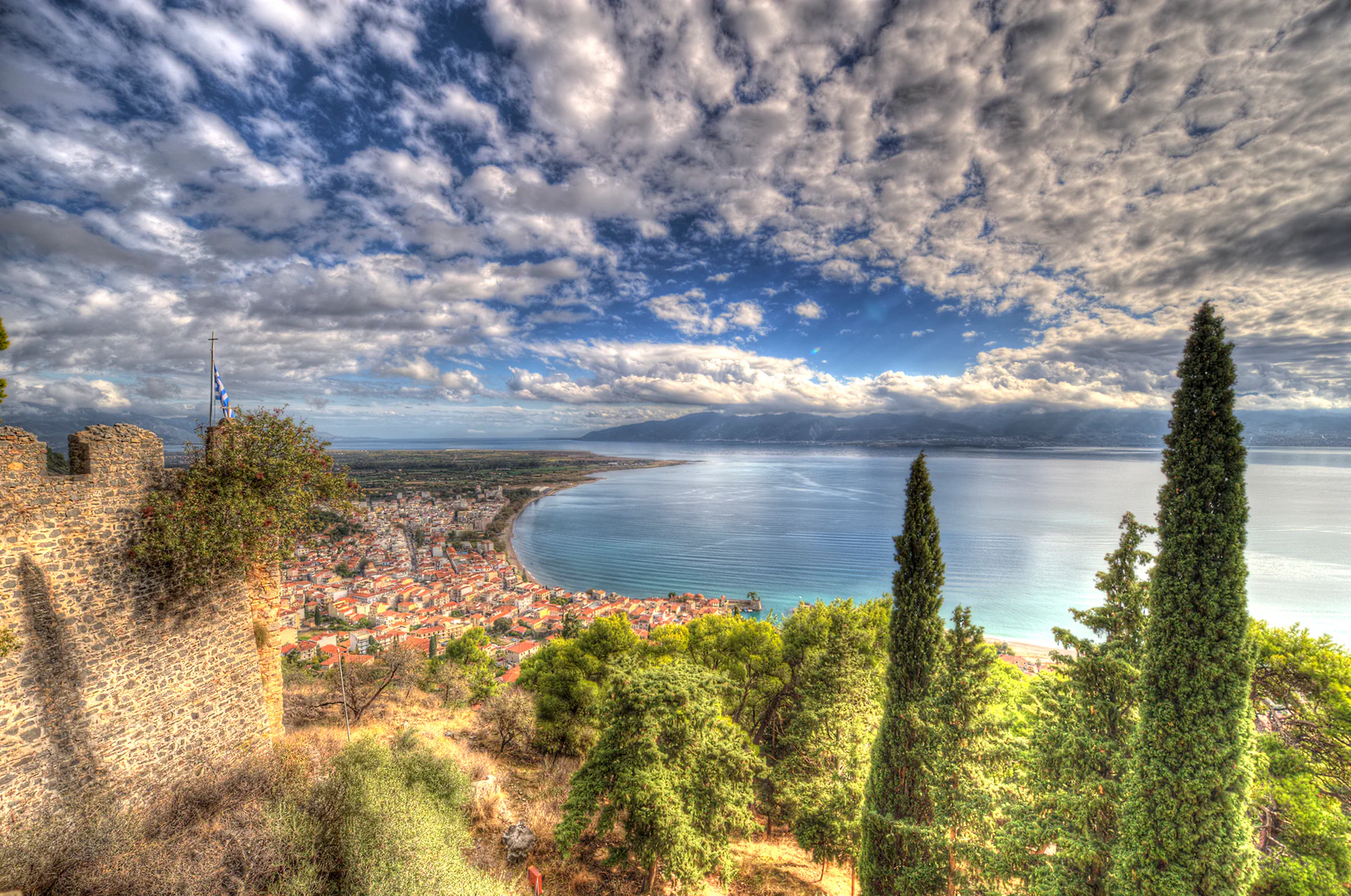 Aerial view of Nafpaktos’ Venetian harbor and surrounding town.