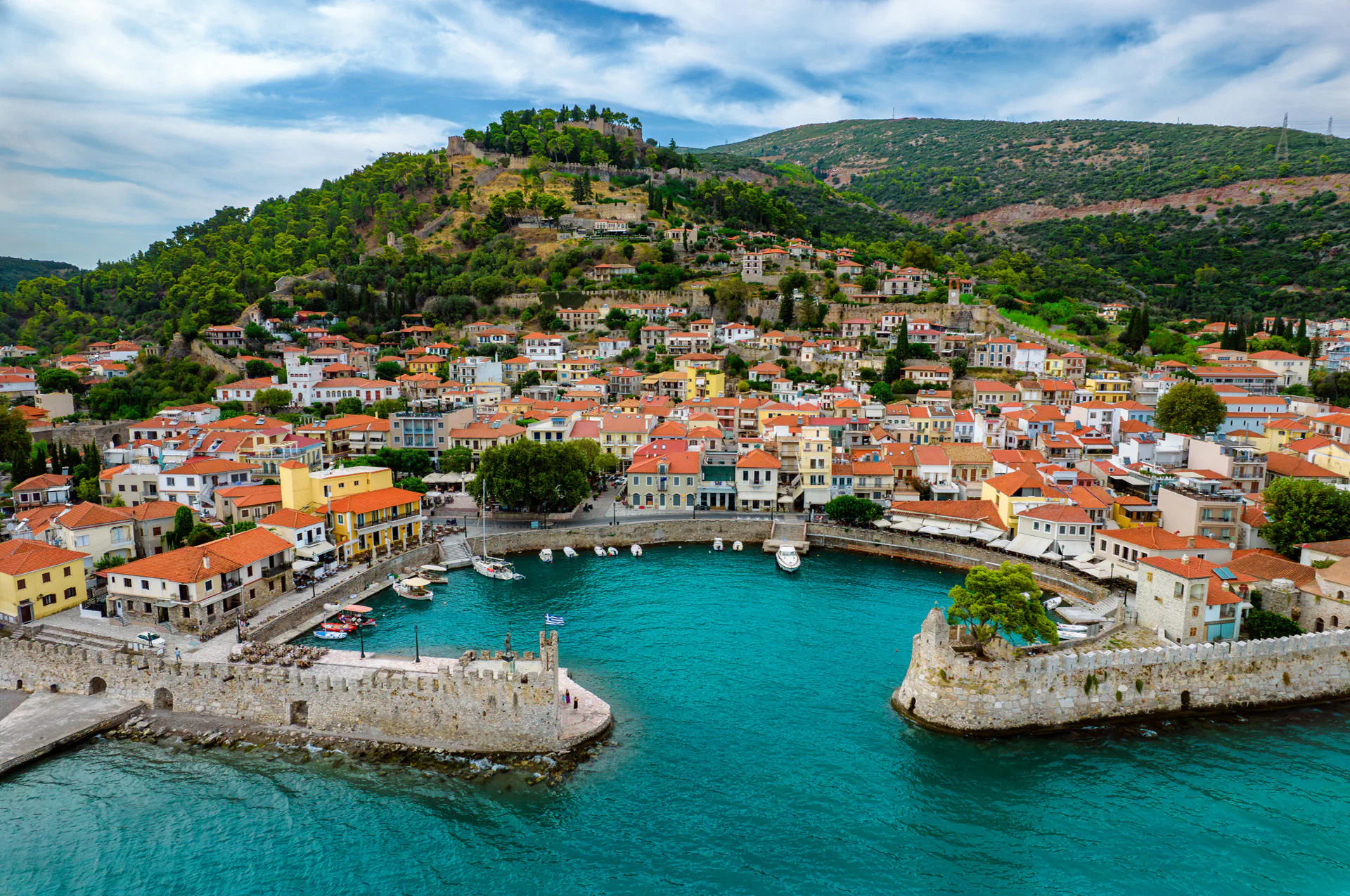 Aerial view of Nafpaktos Castle with town and Gulf of Corinth