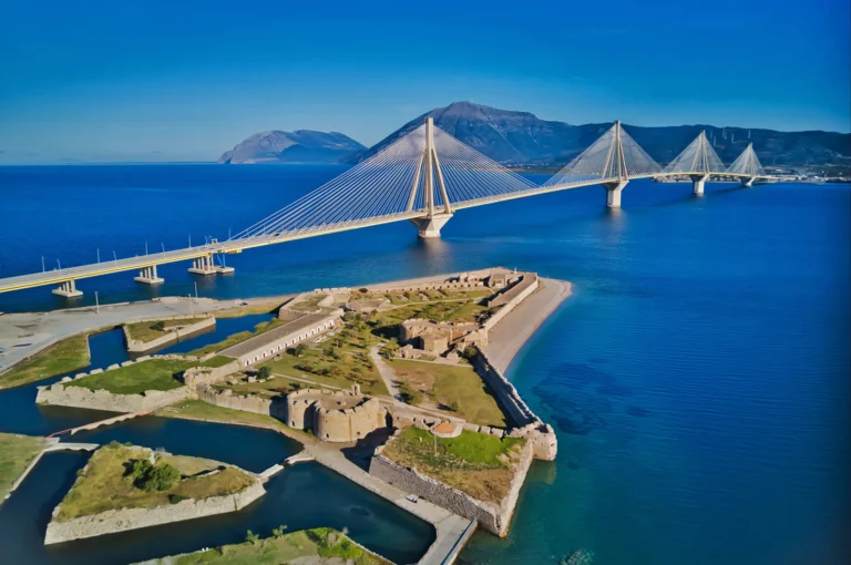 Medieval Rio Fortress – Greece Rio Fortress stone walls overlooking sea and coastline