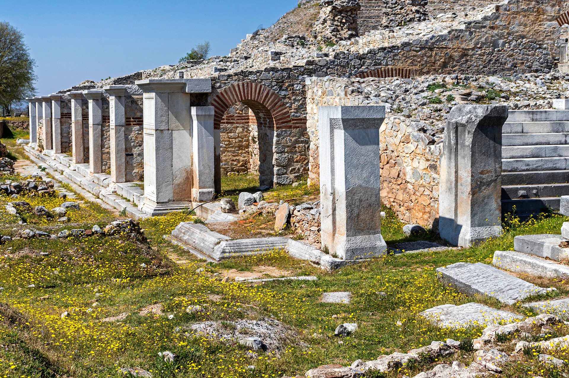 Stone foundations and remnants of buildings at Philippi archaeological site
