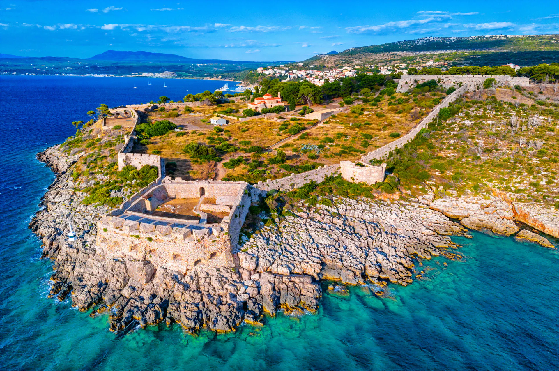 Pylos Castle on a hill overlooking the town and bay
