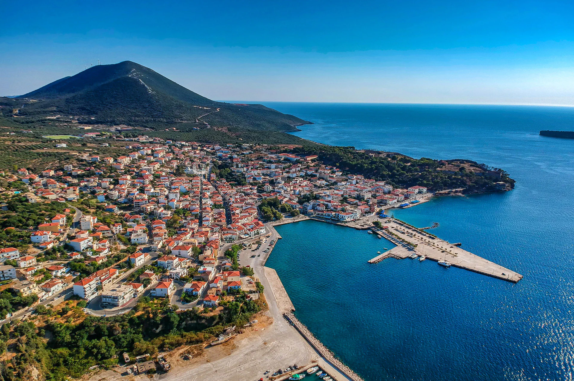 Aerial view of Pylos fortress, town, and harbor