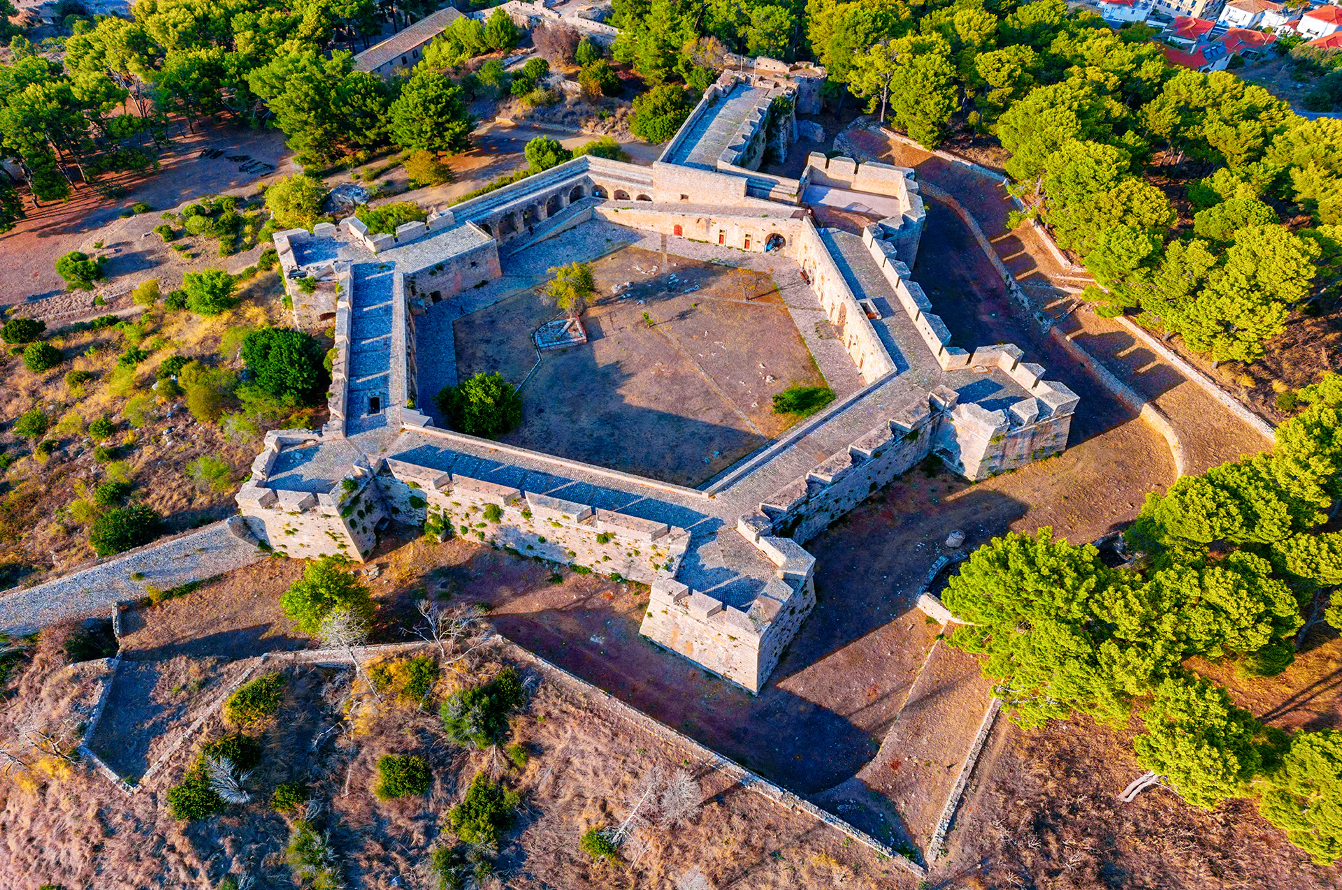 Aerial view of Pylos Castle (Niokastro) in the Peloponnese, Greece