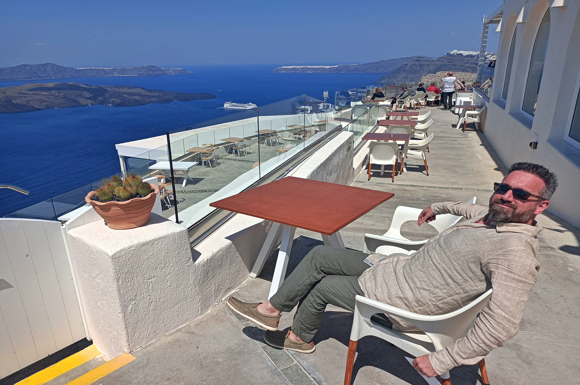 Santo Wines terrace overlooking the caldera in Santorini