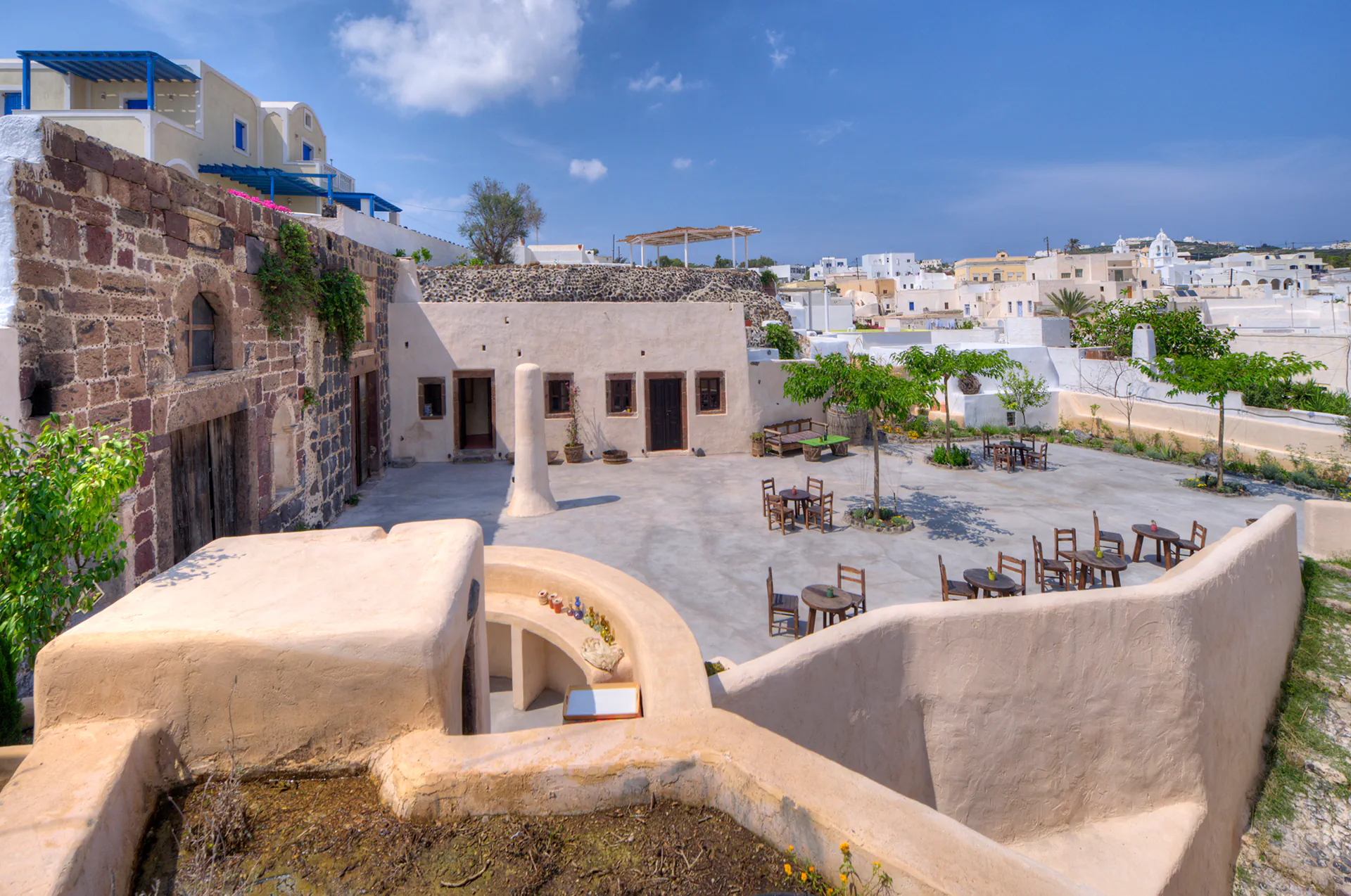 Traditional Cycladic building housing Symposion Cultural Center in Santorini.