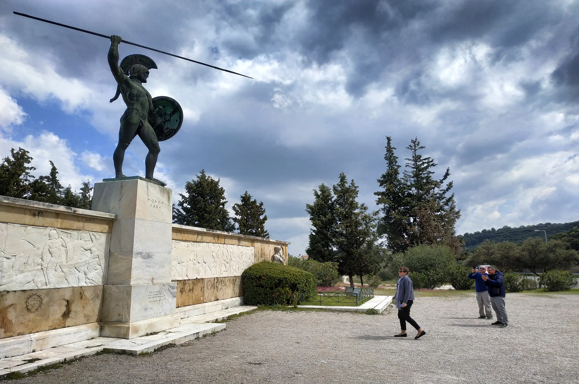 Bronze statue of King Leonidas with spear and shield at Thermopylae