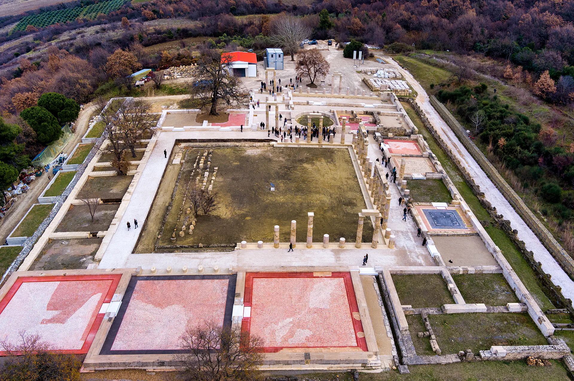 Aerial view of the ruins of the Palace of Aigai in Vergina, Greece