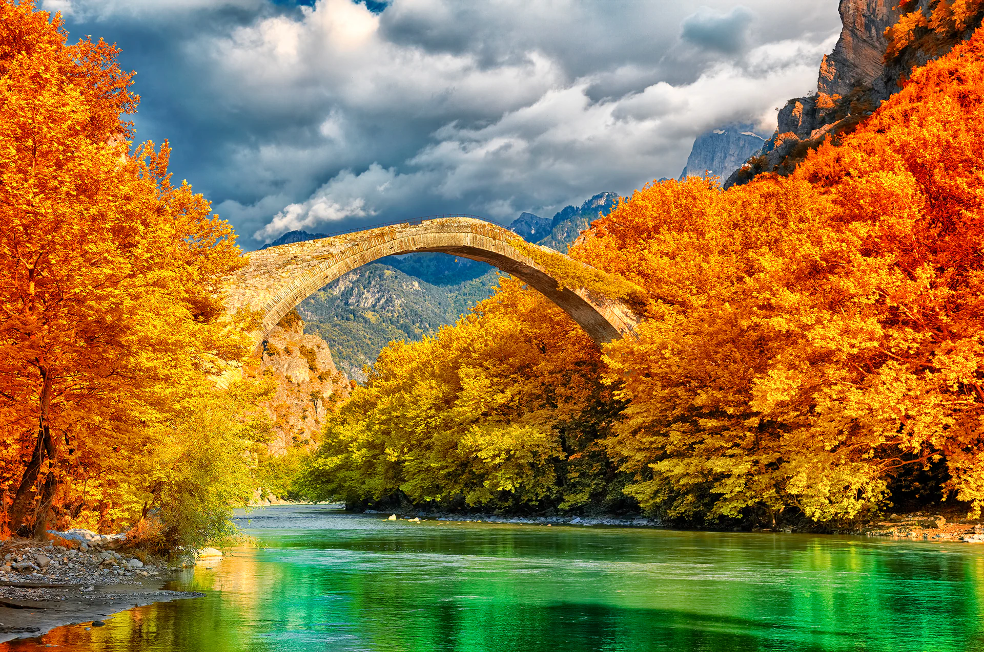 Traditional stone arched Zagori bridge in Epirus, Greece